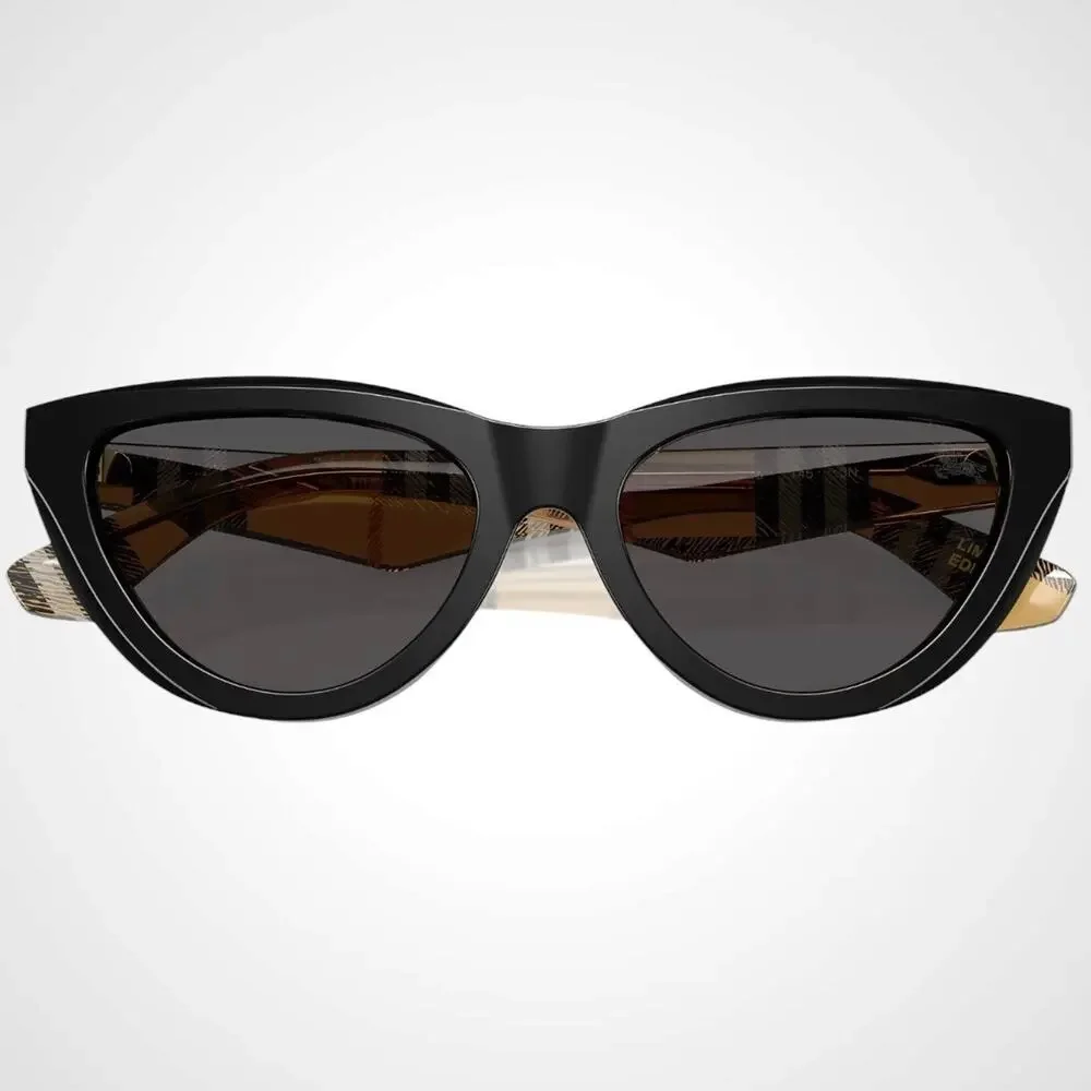 New Burberry Sunglasses Black Front Cat Eye Frame Checkered Arms Gray Lens